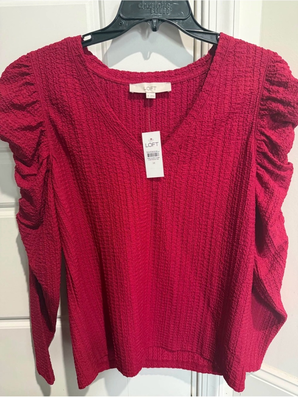 LOFT Women's Textured Magenta Puff-Sleeve Top - M